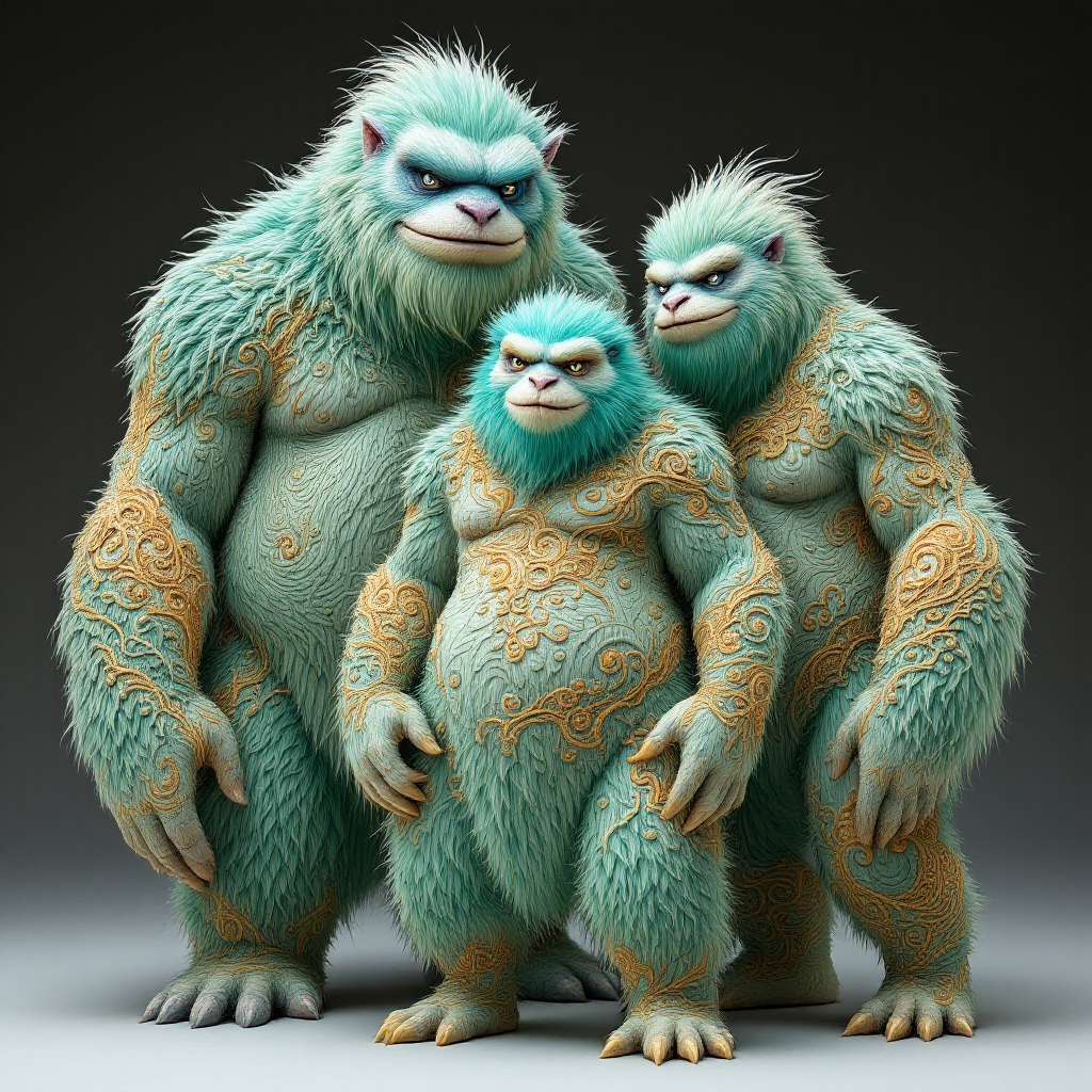 Three compact, fur-covered beings with green patterns stand together. They have muscular builds and human-like proportions, showcasing a striking contrast against Earth's cold environment.