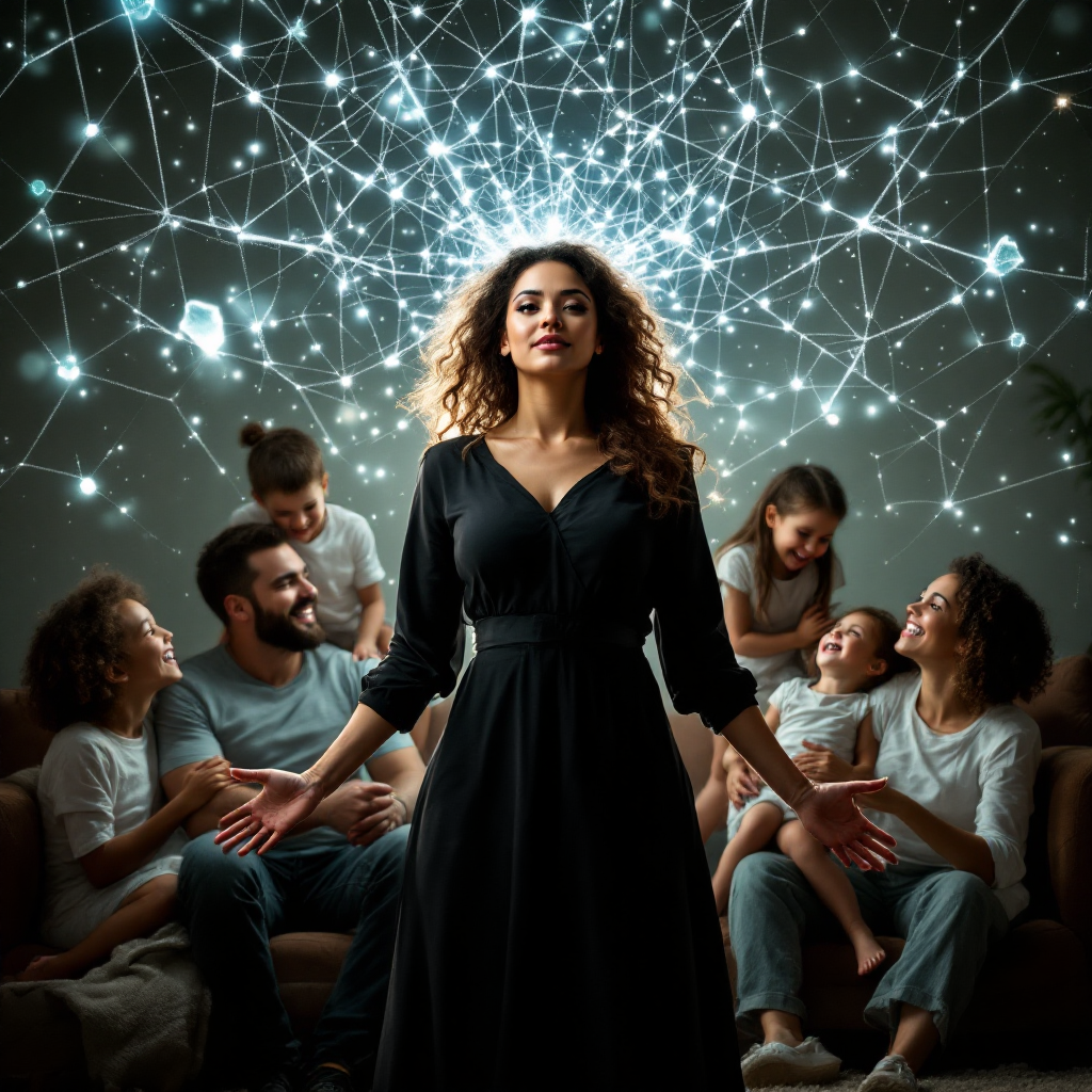 A strong woman stands confidently at the center, connecting her joyful family together, surrounded by emanating light that symbolizes the delicate threads of unity and love.