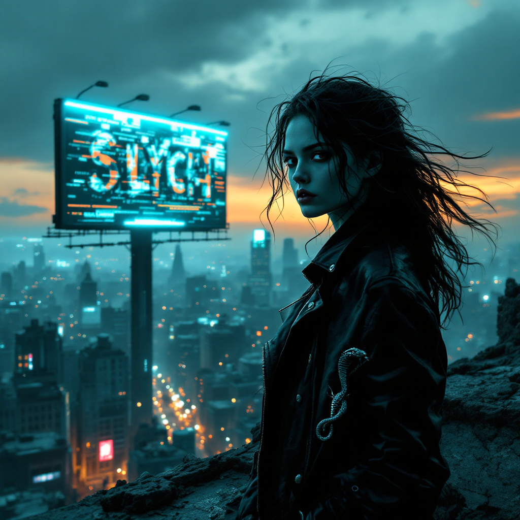 A lone figure with wild hair stands against a moody skyline, gazing thoughtfully at a neon billboard reading SLYCH, embodying the essence of inevitability from the quote.