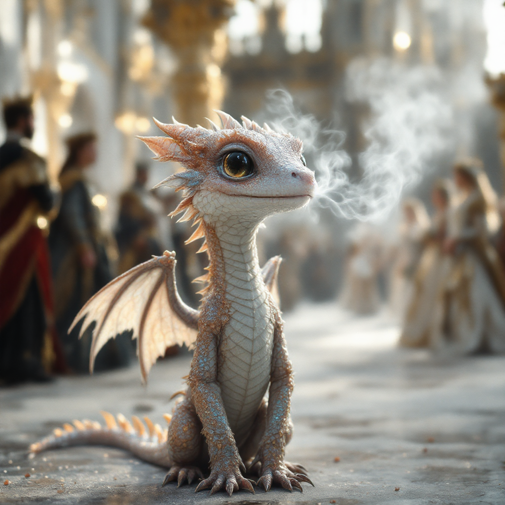 A small dragonet sits amidst a grand royal scene, exhaling a puff of smoke, embodying the challenge of being different in a world filled with princes and queens.