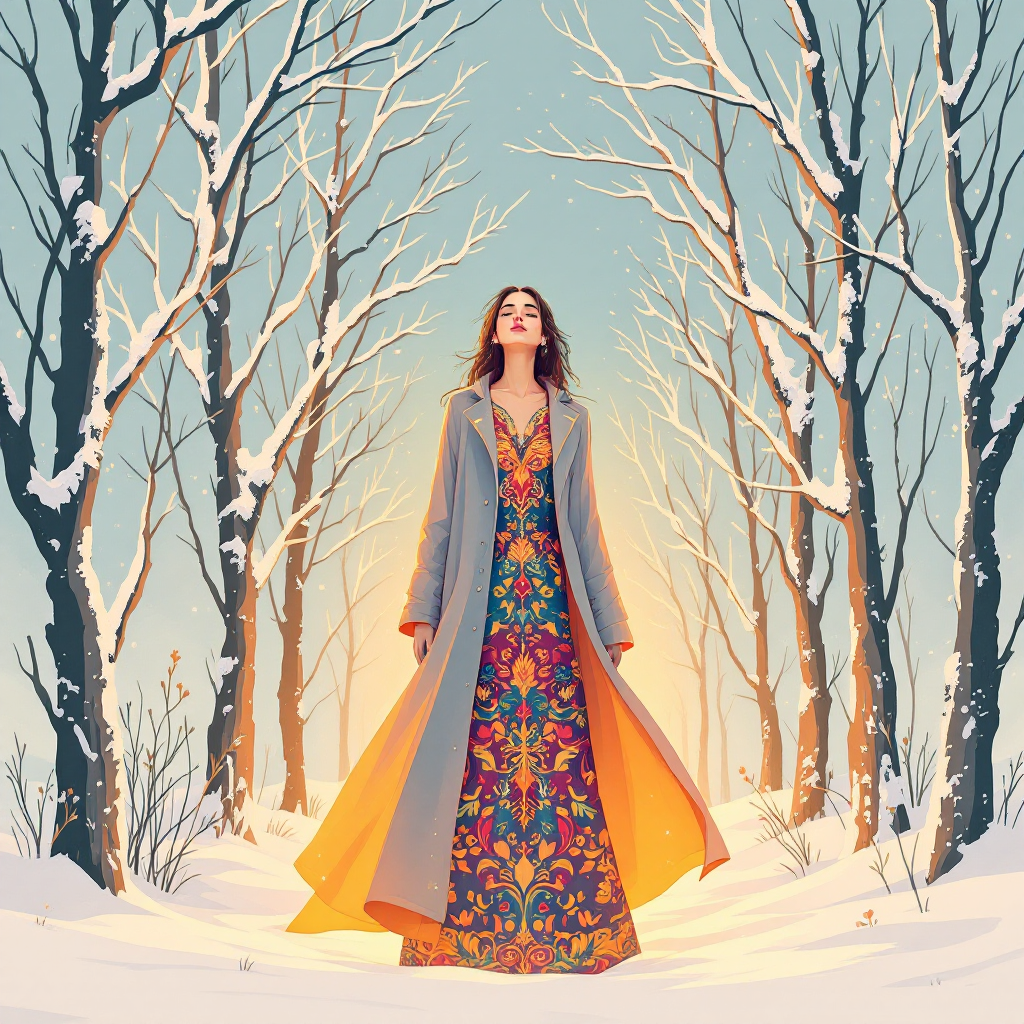 A woman in a colorful dress stands amidst snow-covered trees, embracing the warmth of summer's spirit against a serene winter backdrop, reflecting on inner strength and resilience.