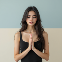 A woman with long, dark hair stands in a black tank top, hands pressed together in prayer or meditation, embodying resilience against heartbreak from unworthy men.