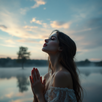 A woman stands by a tranquil lake at dusk, gazing upward with hands clasped in prayer, embodying the quest for solace amidst shadows and the yearning for light.