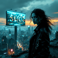 A lone figure with wild hair stands against a moody skyline, gazing thoughtfully at a neon billboard reading SLYCH, embodying the essence of inevitability from the quote.