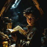 A young boy stands in a dimly lit space, holding an ancient book. His expression blends curiosity and awareness, hinting at the darkness he senses around him.