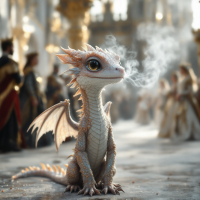 A small dragonet sits amidst a grand royal scene, exhaling a puff of smoke, embodying the challenge of being different in a world filled with princes and queens.