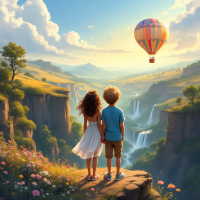 Two children stand on a cliff, gazing at a colorful hot air balloon soaring above lush valleys and waterfalls, embodying the adventurous spirit of friendship.