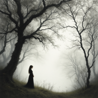 A lone figure in a flowing black dress stands amidst bare, twisted trees in a foggy landscape, evoking themes of fragility and the ephemeral nature of memories.