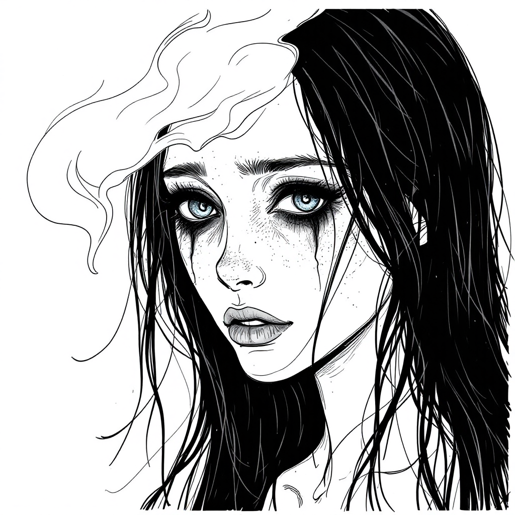 A somber portrait of a girl with striking blue eyes and dark, flowing hair, conveying a sense of loss and melancholy, evoking the quote: her eyes like ashes in a dead fire.