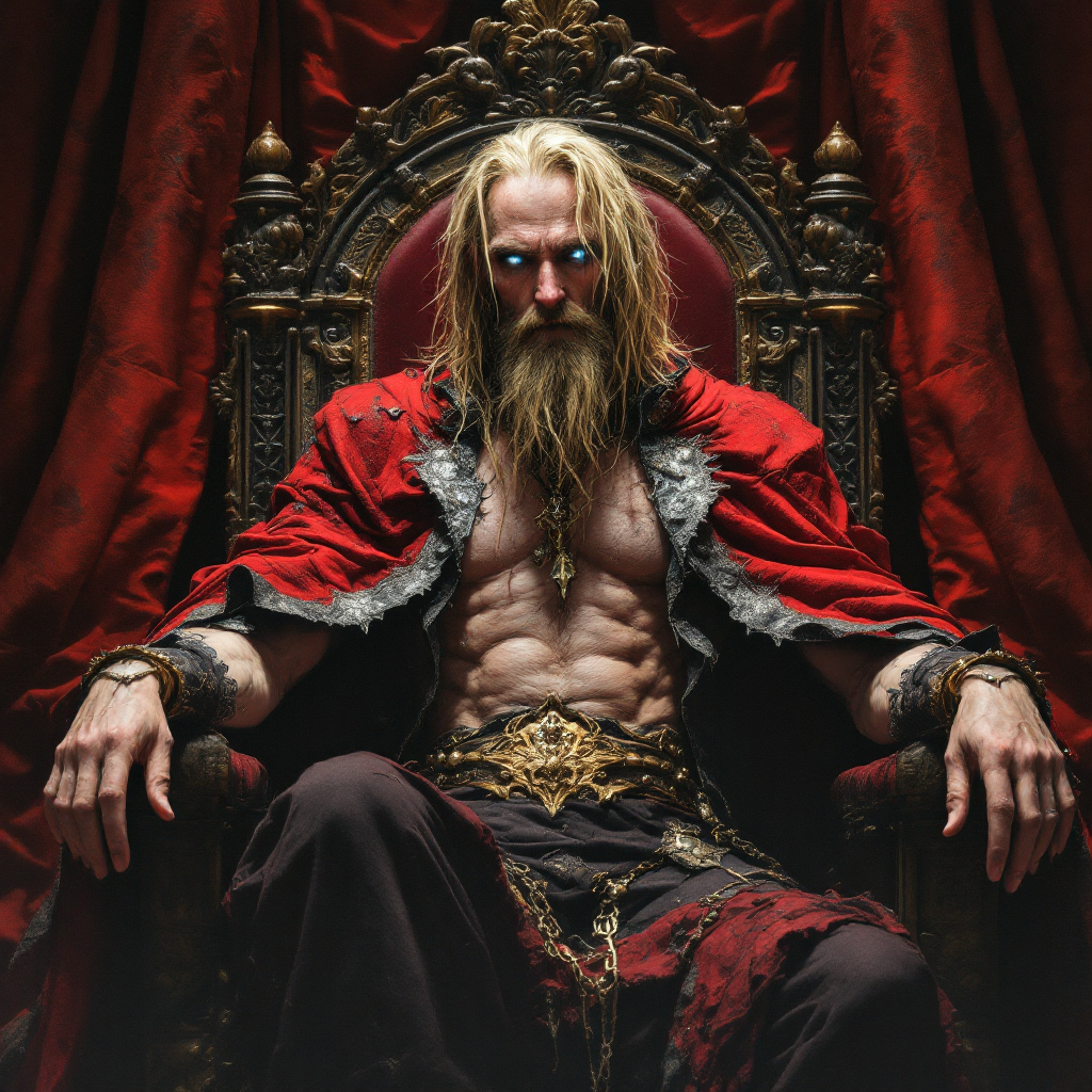 A powerful, muscular king with long hair and a red cloak sits on an ornate throne. His intense gaze reflects a kingdom under threat, surrounded by rich, crimson drapery.