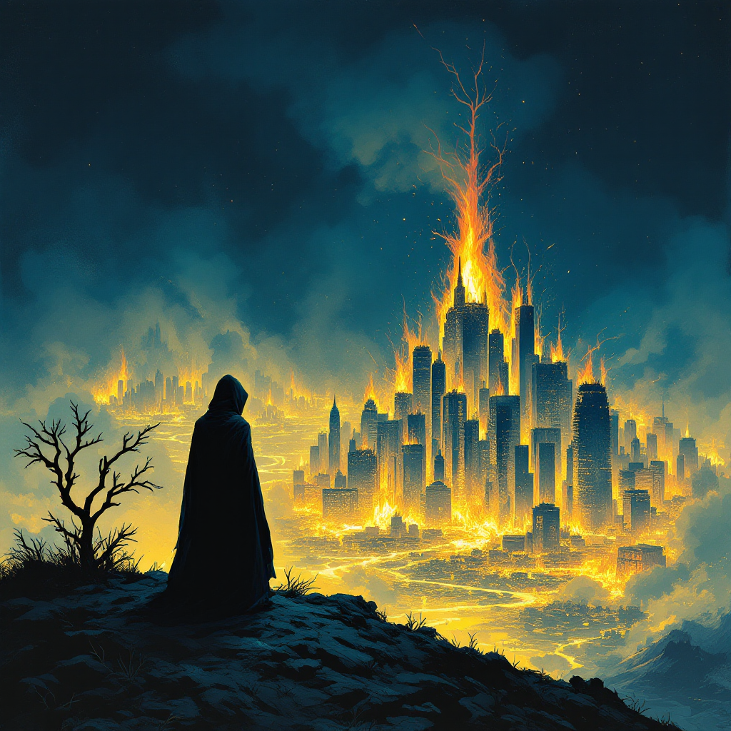 A cloaked figure stands on a hill, gazing at a city engulfed in flames and destruction, embodying the witness to humanity's turmoil and inevitable downfall.