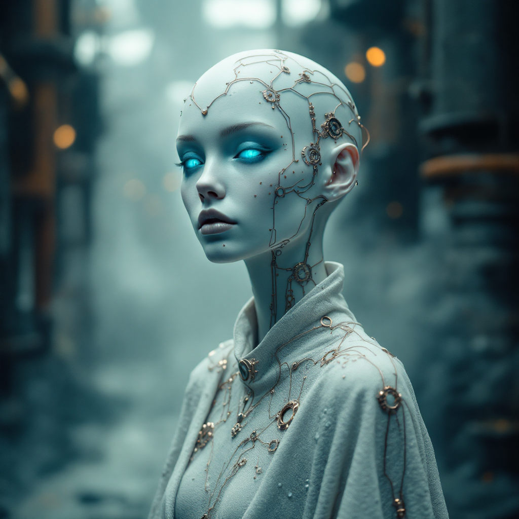 A serene, humanoid figure with glowing blue eyes and intricate metallic patterns stands in a misty urban environment, embodying emotional detachment yet offering comfort.