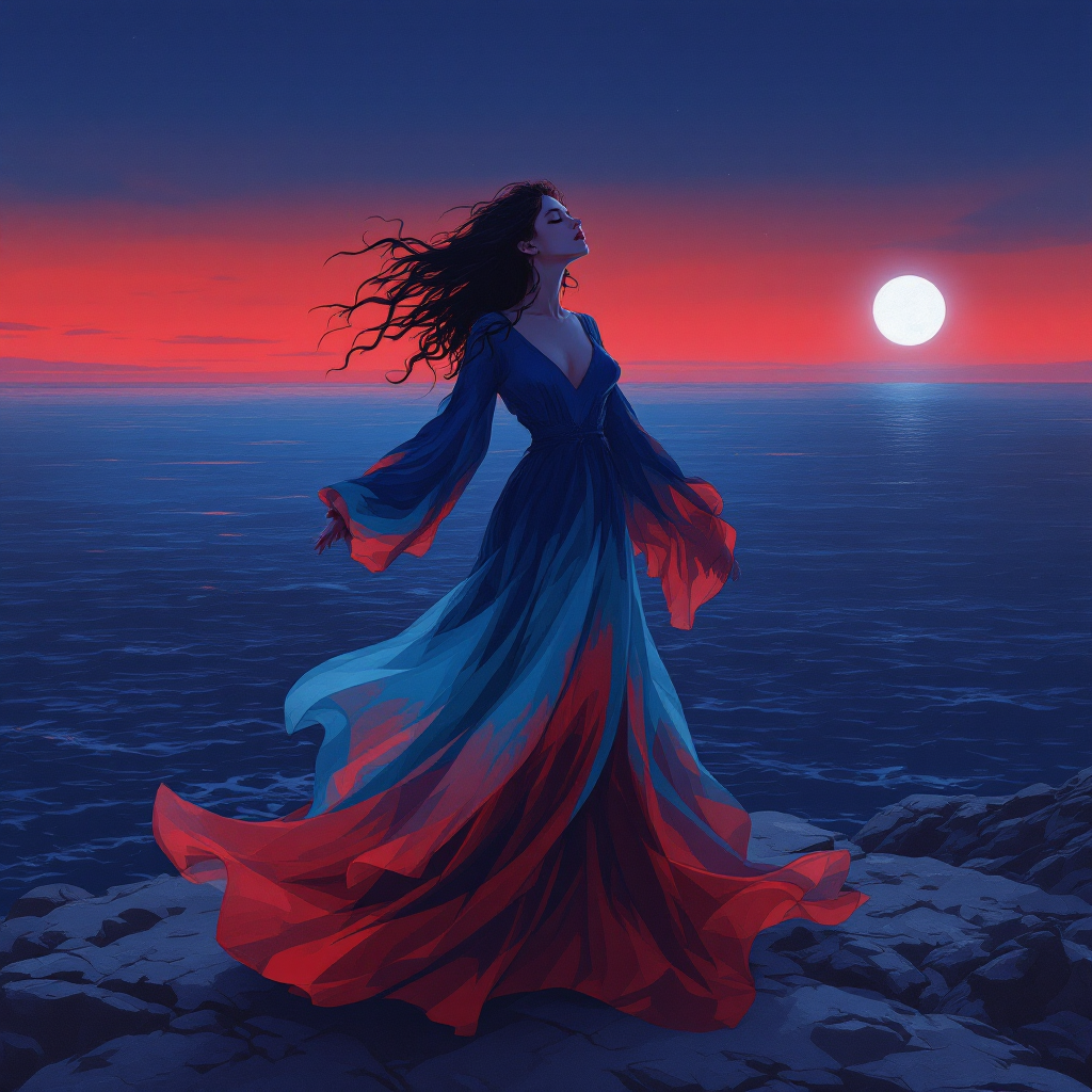 A woman in a flowing blue and red dress stands on a rocky shore, gazing towards a vibrant sunset and a full moon, embodying the quest for self-worth and meaning.