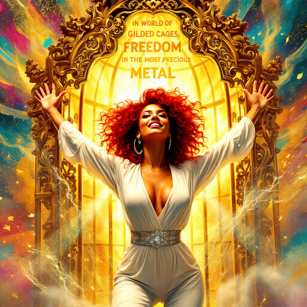 A vibrant illustration of a woman with curly red hair, standing triumphantly in a glowing golden cage, embodying the essence of freedom as the most precious metal. Colorful, dynamic background.