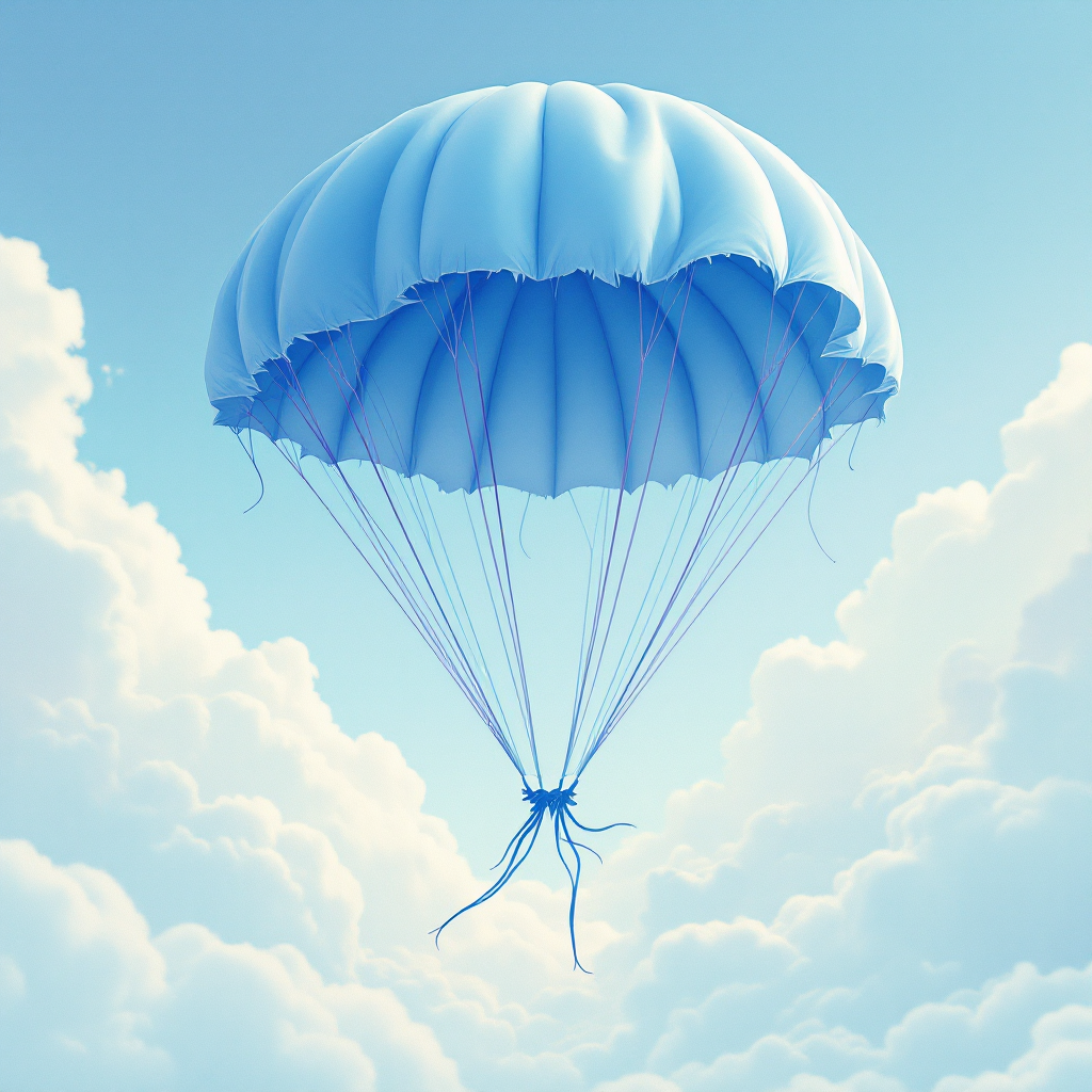 A soft blue parachute descends gently through a sky filled with fluffy white clouds, representing the concept of an open mind as described in the quote about parachutes.