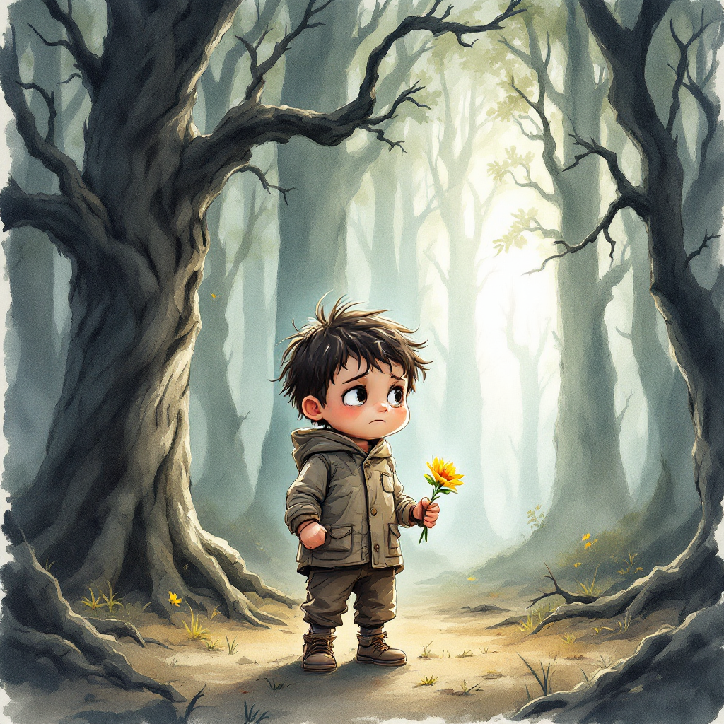 A young boy stands in a misty forest, holding a flower. Surrounded by towering, bare trees, he gazes upward, embodying the theme of discovering hidden strength amidst fatigue.