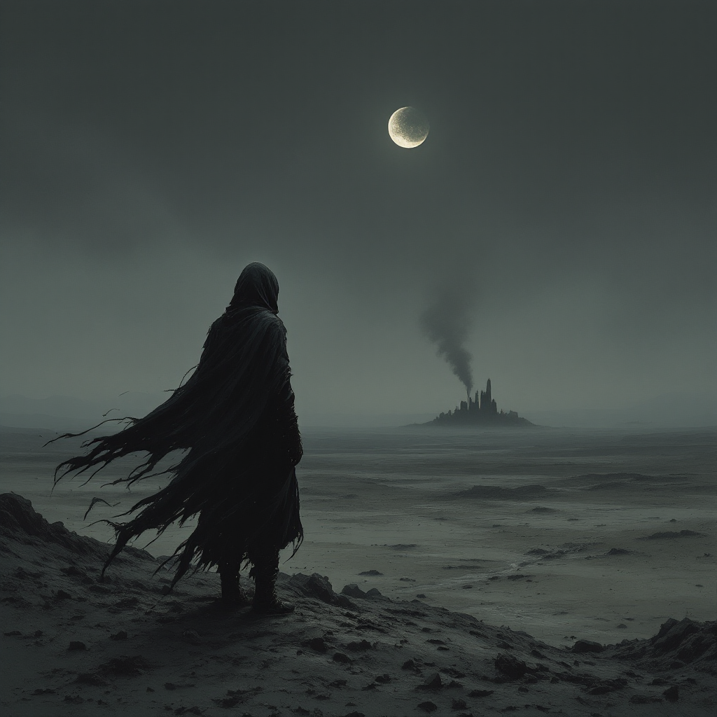 A cloaked figure stands alone in a desolate landscape under a crescent moon, gazing at a distant smoking tower, embodying the essence of freedom found in loss.