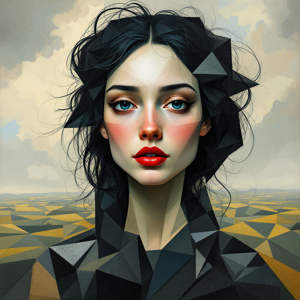 A striking portrait of a woman with bold features and geometric shapes, set against a surreal landscape, embodying the theme of inner strength and mental empowerment.