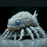 A whimsical creature resembling a flounder, covered in thick, woolly textures and supported by short, strong legs, displaying iridescent colors and a playful design.