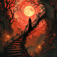 A figure in a flowing dress ascends a dark, spiraling staircase beneath a large, glowing moon, surrounded by eerie trees, embodying the tension between hope and despair.