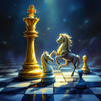 A dramatic chessboard scene featuring a golden king and a rearing white horse, symbolizing strategic power dynamics, illuminated by an ethereal light.