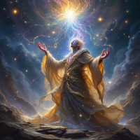 A mystical figure stands in a cosmic landscape, arms outstretched, enveloped in glowing energy and stars, embodying the idea that every decision ripples through fate.