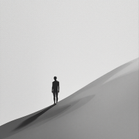 A solitary figure stands atop a smooth, undulating dune, bathed in subtle gray tones, embodying the essence of choice and acceptance in the face of truth.