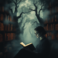 A woman with glasses reads a glowing book in a foggy library surrounded by dark, twisted trees, embodying the quote about being illiterate yet passionate about reading.