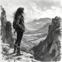 A woman with long, wild hair stands at the edge of a cliff, gazing wistfully over a vast valley, embodying the tension between escape and desire to remain in the moment.