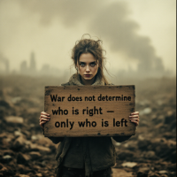 A solemn figure stands in a desolate landscape, holding a wooden sign that reads, War does not determine who is right – only who is left, amidst a backdrop of smoke and devastation.