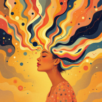 A profile of a woman with vibrant, swirling hair made of colorful waves and cosmic elements, embodying the essence of storytelling and imagination.