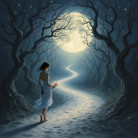 A figure in a flowing dress walks along a winding path beneath a bright moon, surrounded by dark, twisted trees, symbolizing the journey from past to future.