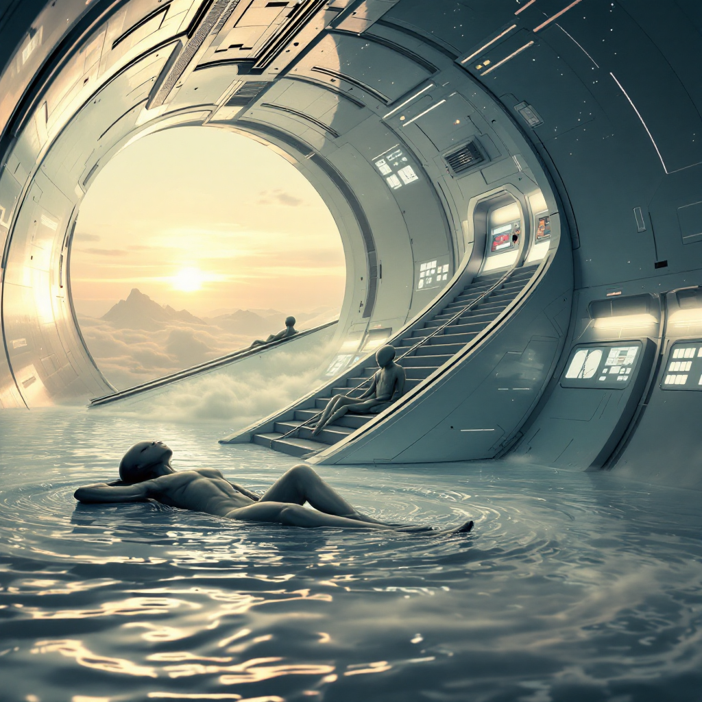 A futuristic ship's bridge, inclined at 45 degrees and partly submerged in milky liquid, features worm-shaped aliens lounging on a slope, absorbed in their technology amid a serene landscape.