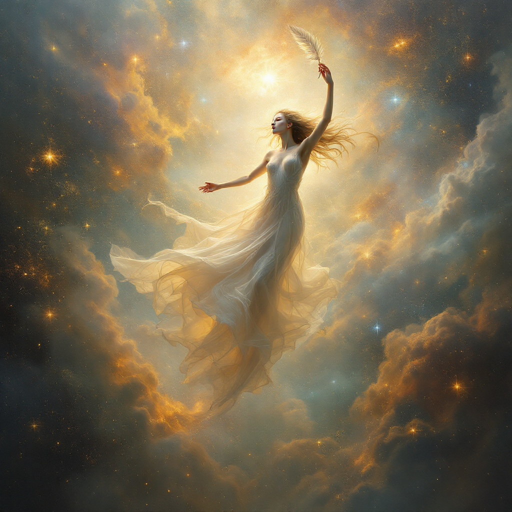 A ethereal figure in a flowing dress holds a feather, surrounded by swirling clouds and stars, embodying the limitless creativity of space and imagination.