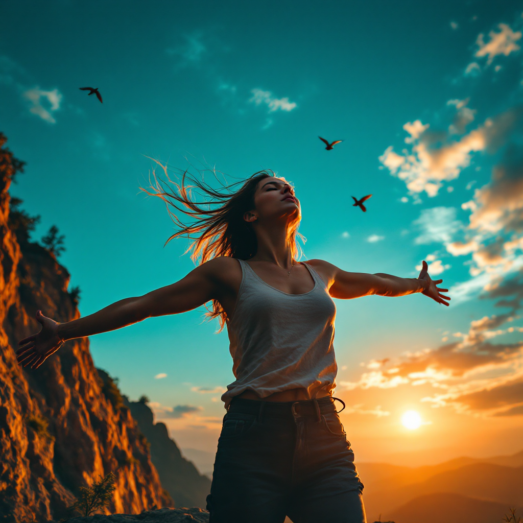 A woman stands on a cliff, arms outstretched toward the sky, as birds fly above her against a backdrop of a vibrant sunset, embodying the spirit of growth through embracing risk.