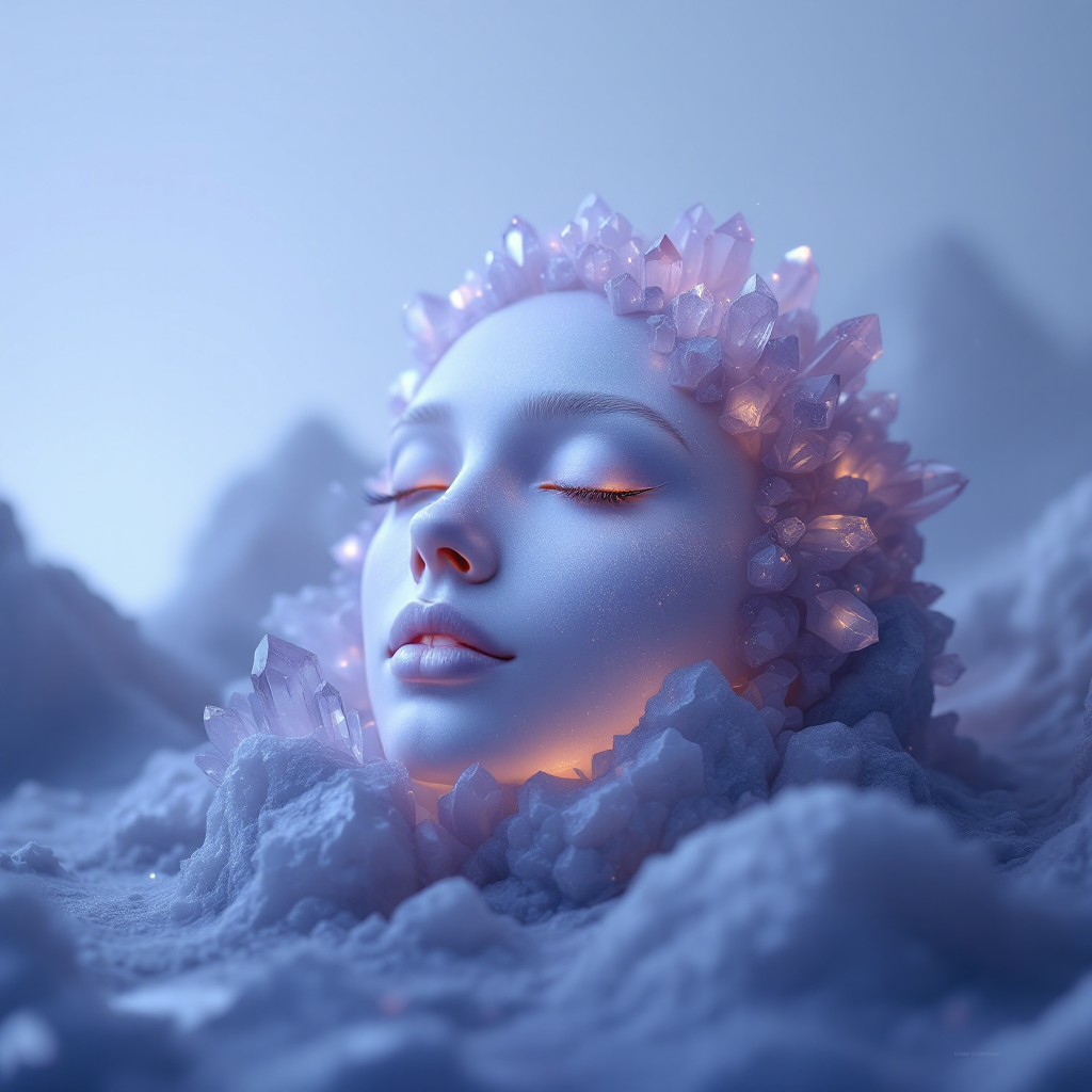 A serene face emerges from snowy terrain, adorned with shimmering crystals, illuminated from within, embodying the essence of nature as a vibrant character in a dreamlike landscape.