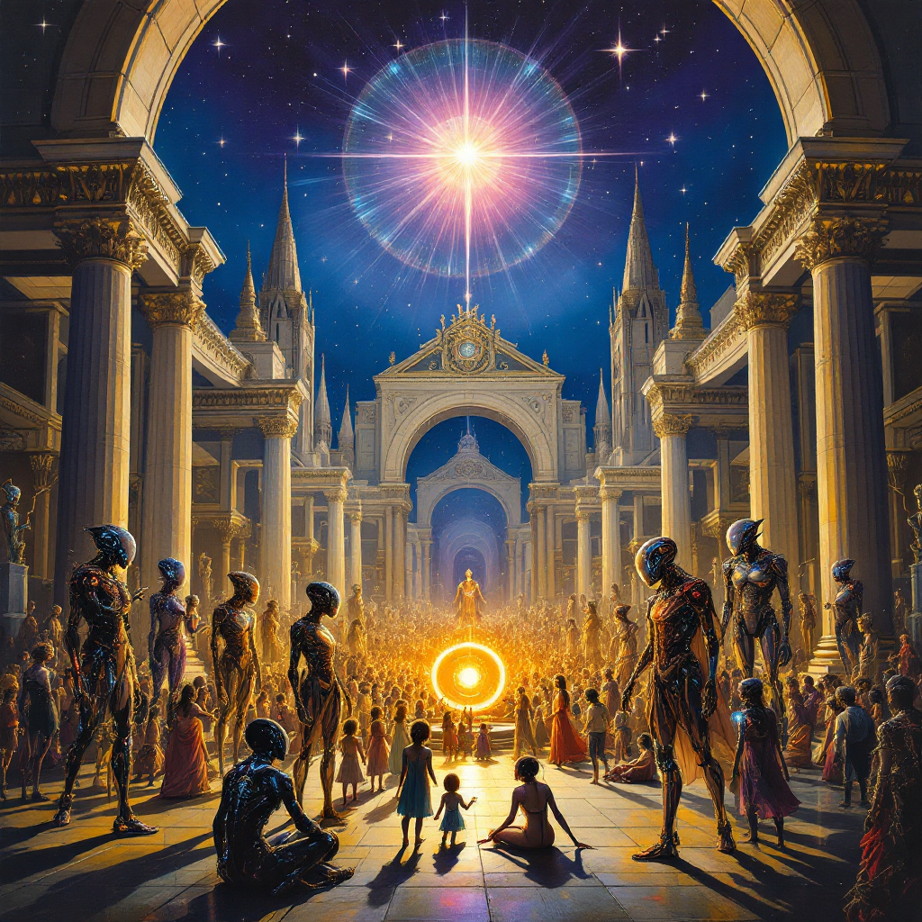 A vibrant, cosmic scene depicting humanoid figures and a crowd gathered around a glowing orb, all under grand arches and starlit skies, reflecting deep patterns of existence.