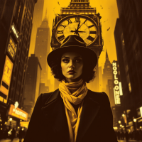 A striking figure stands in a bustling urban setting, wearing a hat and scarf, with a giant clock behind them, embodying the quote about living life authentically. The image radiates a warm, golden hue.