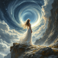 A woman in a flowing white dress stands on a rocky ledge, gazing upward at swirling clouds and a radiant, hopeful light, embodying the theme of hope as rebellion against impossibility.