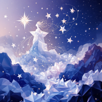 A celestial figure stands atop crystalline mountains, surrounded by glowing stars against a deep blue sky, embodying the quote about stars illuminating a brave path.