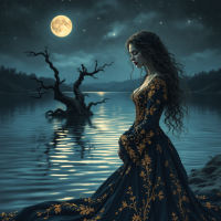 A contemplative woman in a flowing dark dress stands by a moonlit lake, reflecting on the past as a gnarled tree looms nearby under a starry sky and glowing full moon.