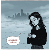 A young woman stands in a misty landscape, looking at a piece of paper with a pensive expression. Behind her, a city skyline fades into the fog, echoing the quote about deserving.