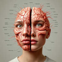 A split-face image shows one side with human features and the other revealing intricate blood vessels, embodying the idea of viewing a subject from multiple perspectives.