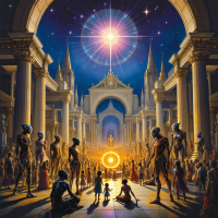 A vibrant, cosmic scene depicting humanoid figures and a crowd gathered around a glowing orb, all under grand arches and starlit skies, reflecting deep patterns of existence.