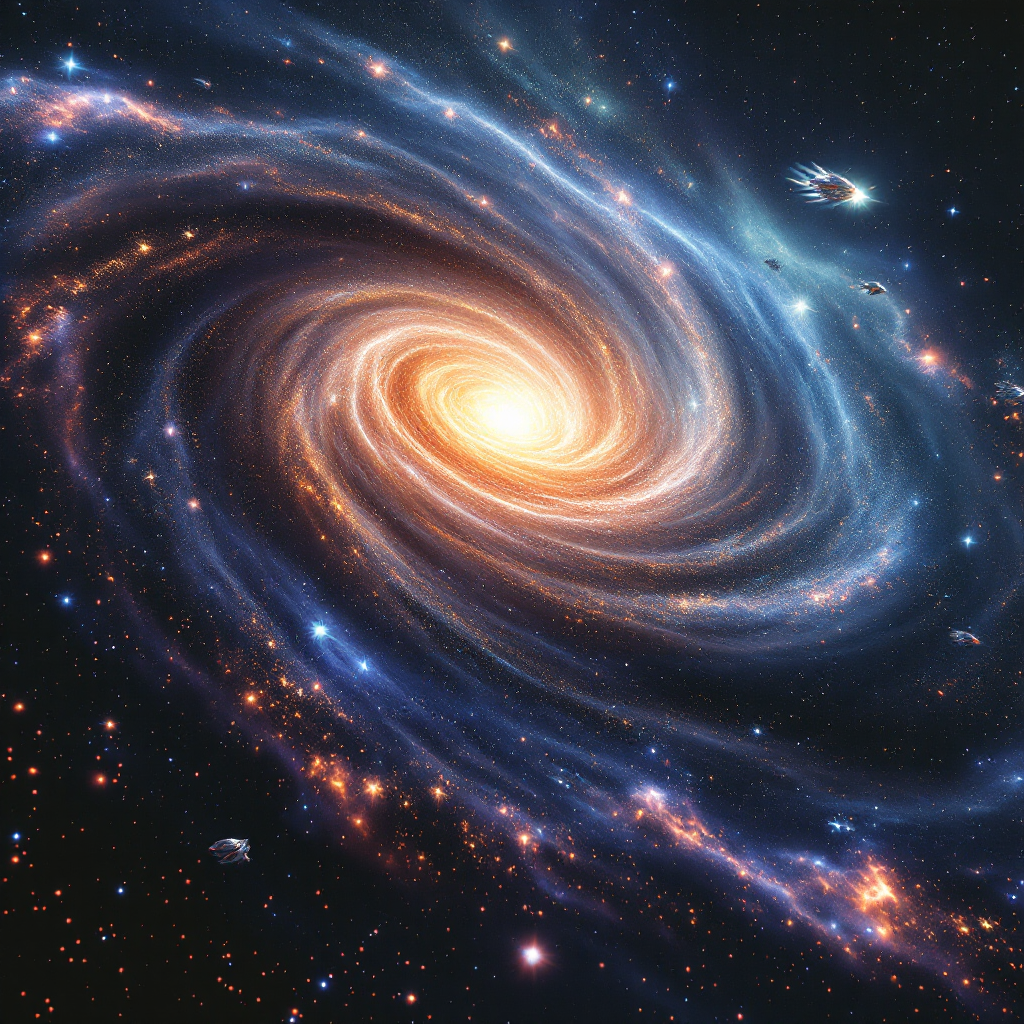 A vibrant spiral galaxy illuminated by a bright core, surrounded by swirling clouds of stardust and countless stars, capturing the vastness of the universe.