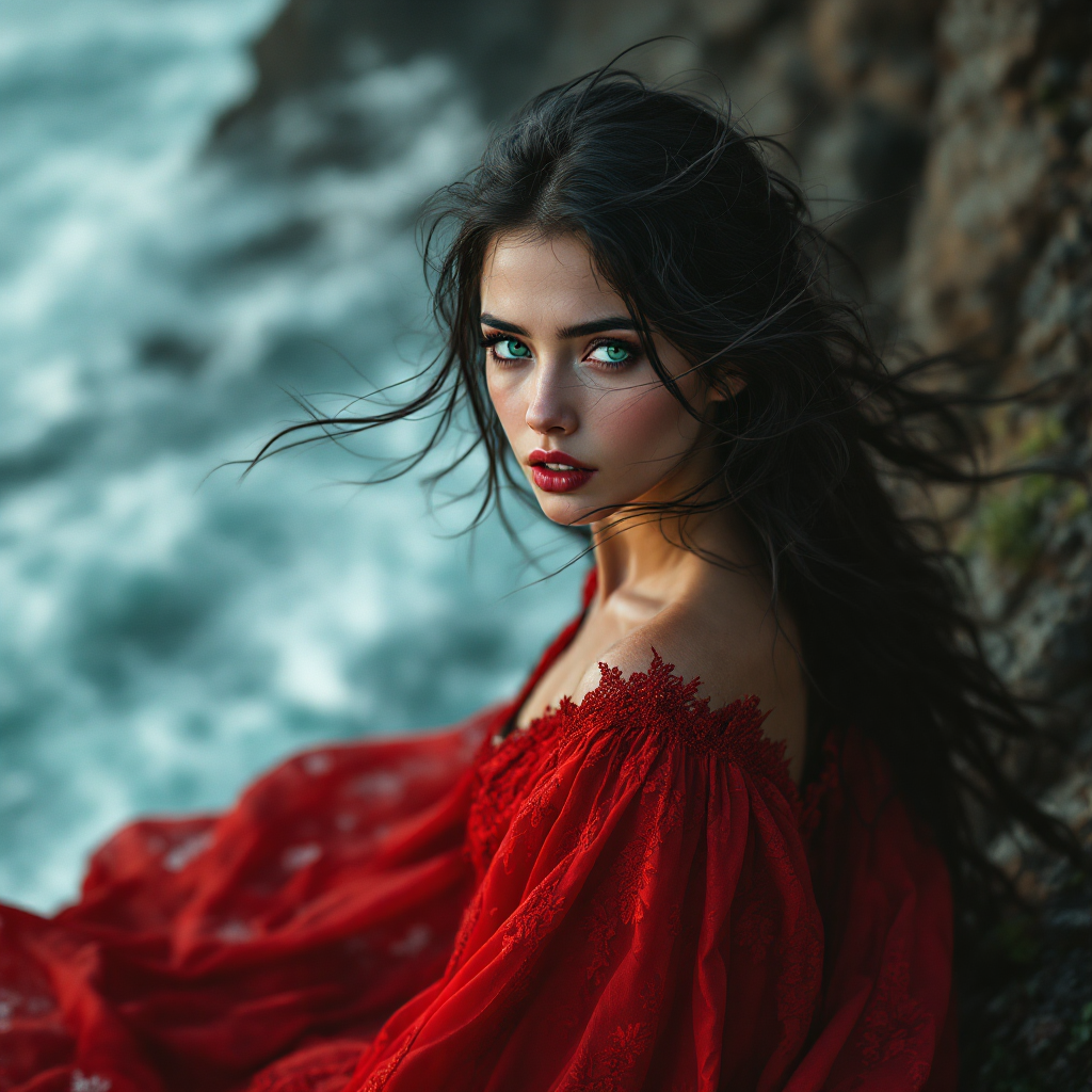 A young woman in a flowing red dress gazes intensely at the camera, her hair tousled by the wind, set against a dramatic backdrop of cliffs and crashing waves, embodying the spirit of daring.