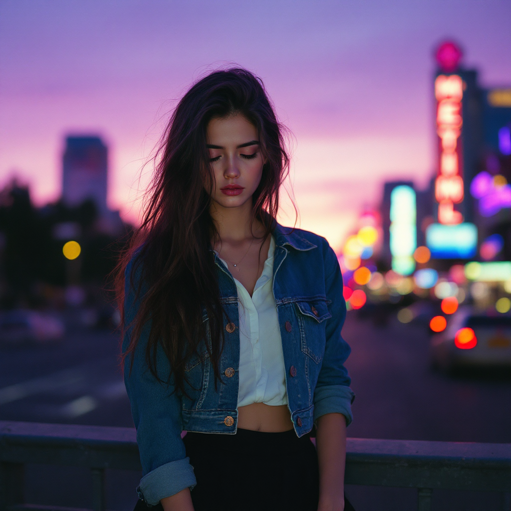 A young woman in a denim jacket stands pensively against a vibrant sunset backdrop, embodying the sentiment of wanting to be recognized as an individual rather than a burden.