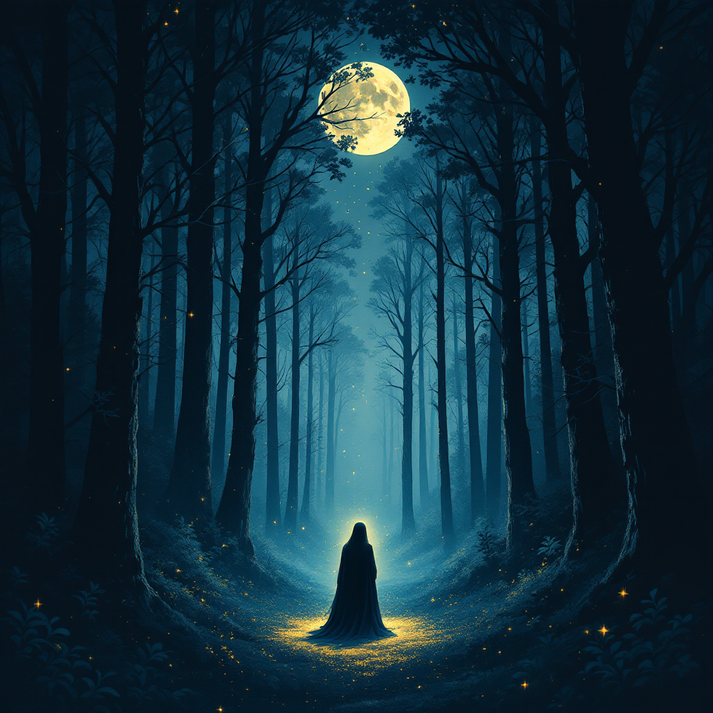 A figure in a dark cloak stands in a moonlit forest, surrounded by tall, shadowy trees, embodying the essence of finding unexpected light in the shadows.