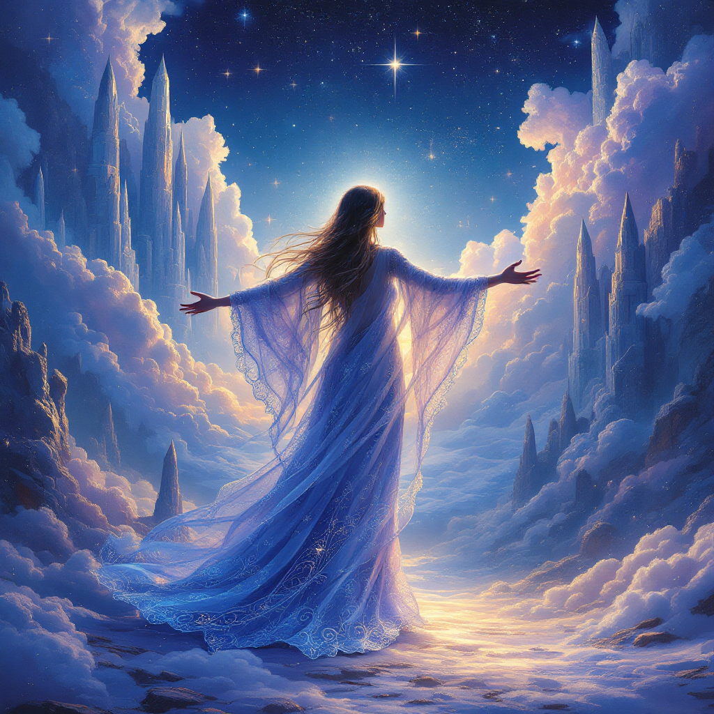 A serene figure in a flowing blue gown stands among ethereal clouds, arms outstretched towards a starlit sky, embodying the theme of forgiveness from the quote about the first law of Foundation.