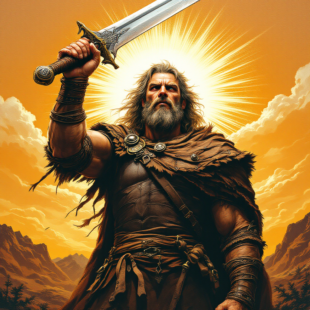 A heroic figure stands holding a gleaming sword aloft, illuminated by a golden sunburst. This imagery echoes the quote about personal choice in battle and determination.